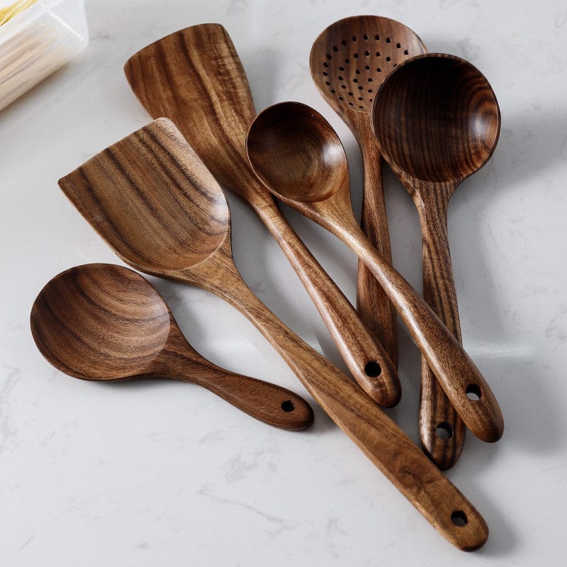Culinariq Wooden utensils Teak Wood Utensil Set – Spoon, Ladle, Turner & Rice Strainer
