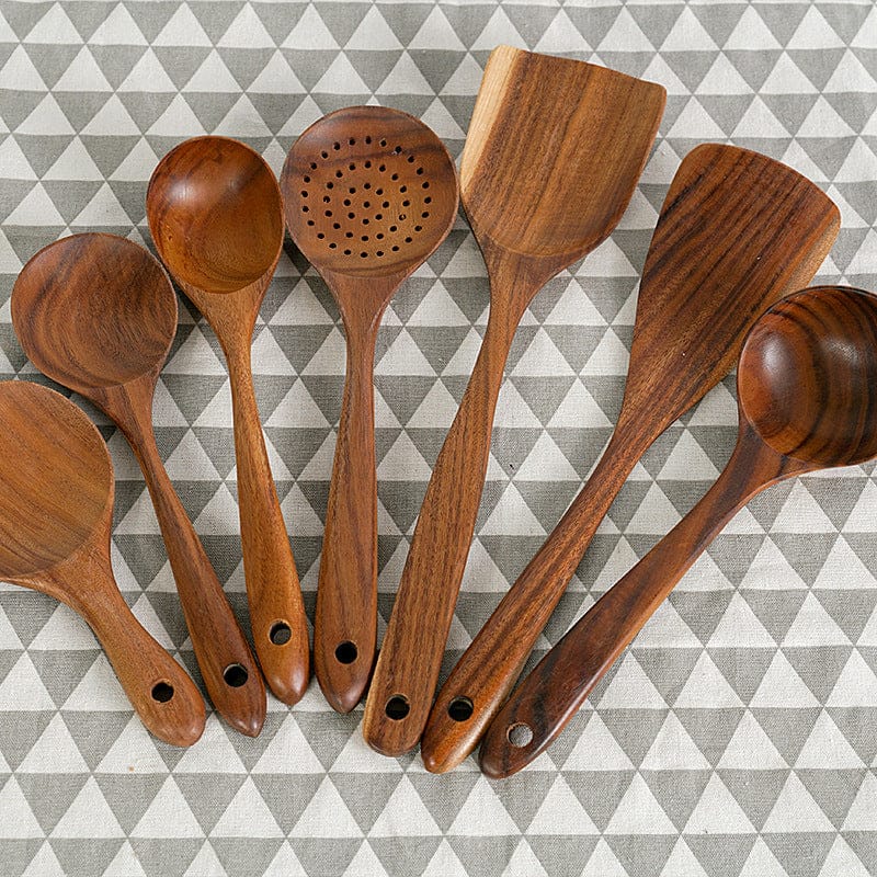 Culinariq  7 piece set teak wood cooking utensils spoons and spatulas