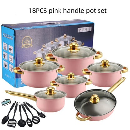 ✅ Stainless-Steel Cookware Set with Gold Handles – Non-Stick Pot & Pan Set