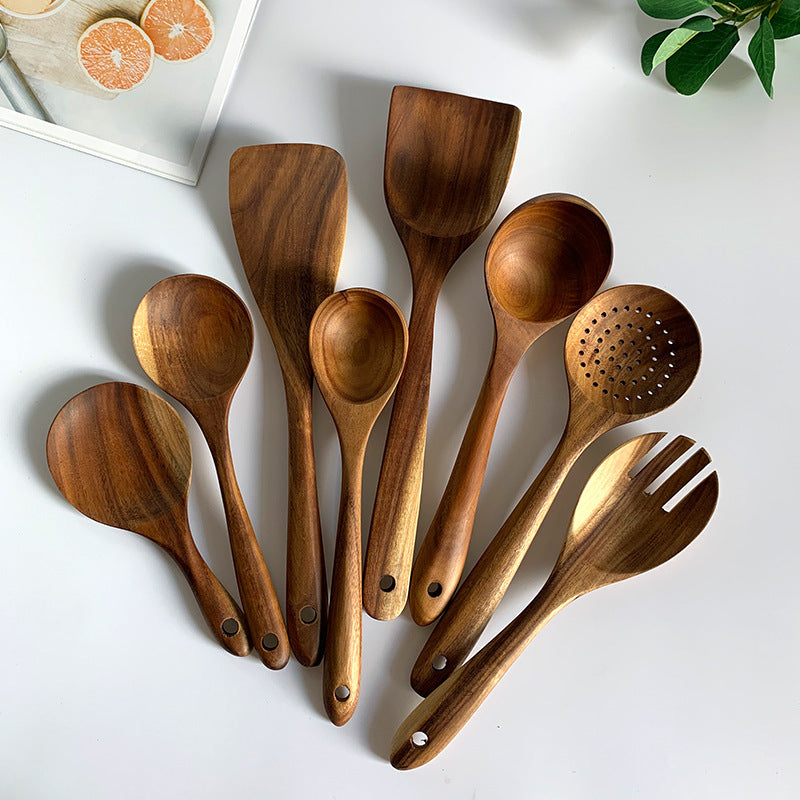 ✅ Teak Wood Utensil Set – Spoon, Ladle, Turner & Rice Strainer