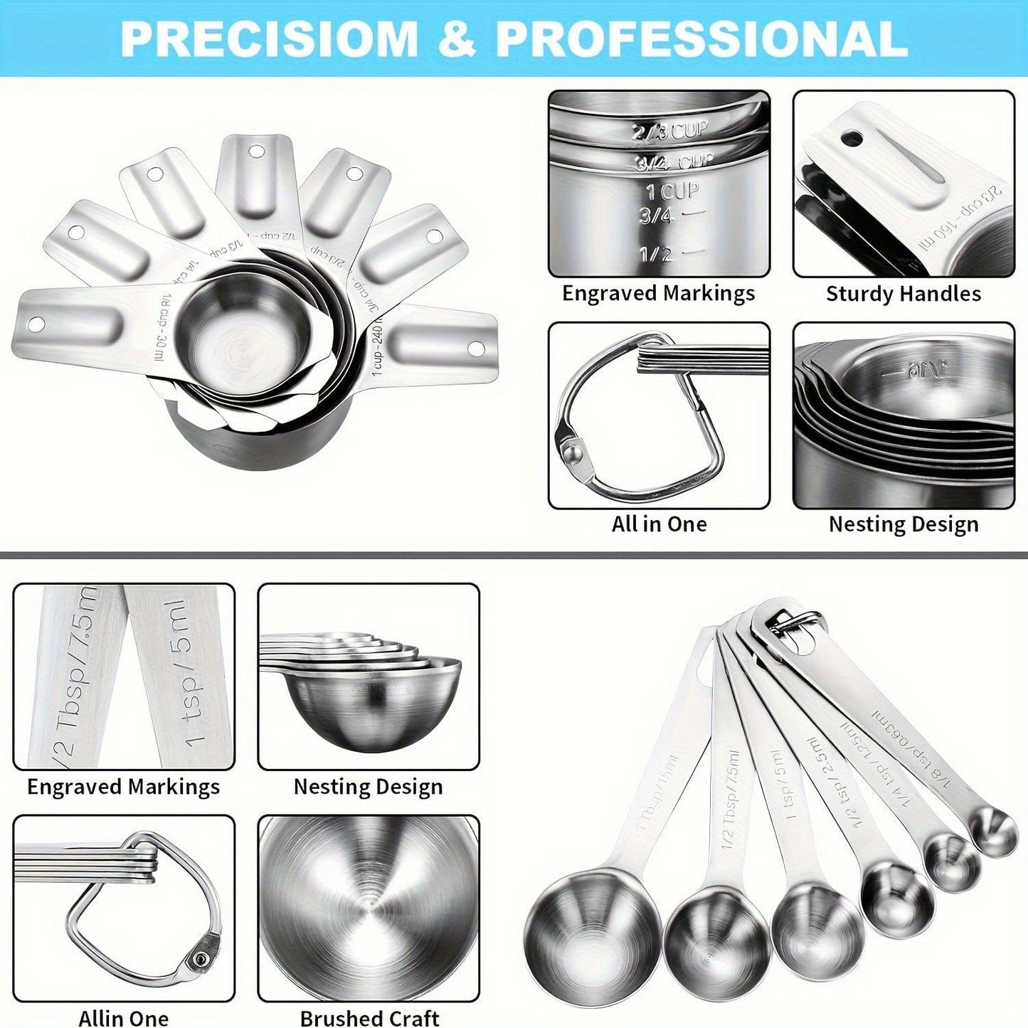 Culinariq measuring cups and spoons set, stainless steel with engraved markings