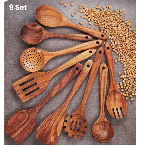 ✅ Teak Wood Utensil Set – Spoon, Ladle, Turner & Rice Strainer