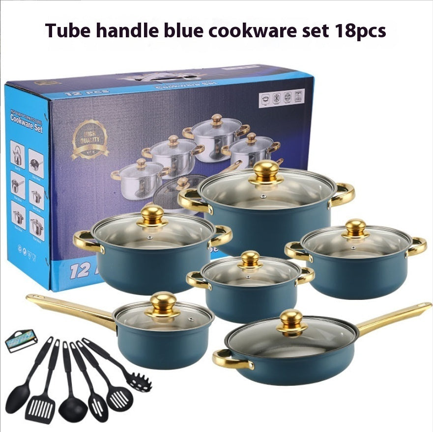 ✅ Stainless-Steel Cookware Set with Gold Handles – Non-Stick Pot & Pan Set