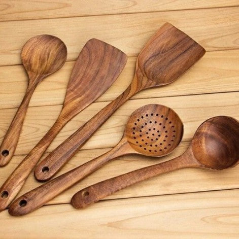 ✅ Teak Wood Utensil Set – Spoon, Ladle, Turner & Rice Strainer