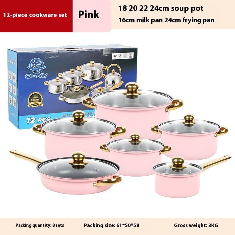 Culinariq Cookware 12PCS pink Stainless-Steel Cookware Set with Gold Handles – Non-Stick Pot & Pan Set