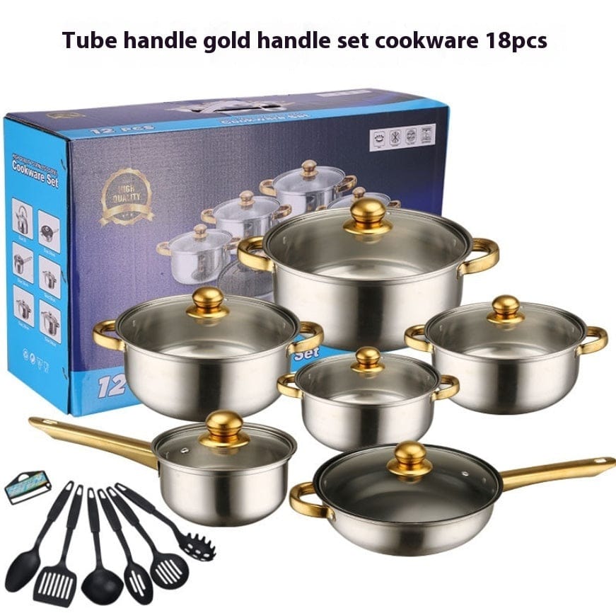 Culinariq Cookware 18PCS Gold Handle Stainless A Stainless-Steel Cookware Set with Gold Handles – Non-Stick Pot & Pan Set
