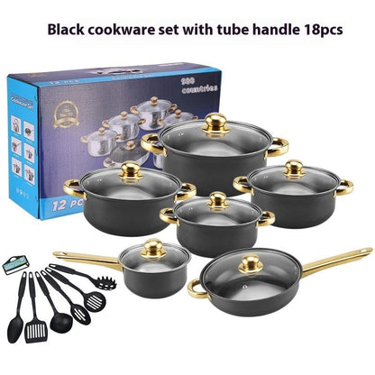 Culinariq Cookware 18pcs Gold Shank Black Stainless-Steel Cookware Set with Gold Handles – Non-Stick Pot & Pan Set
