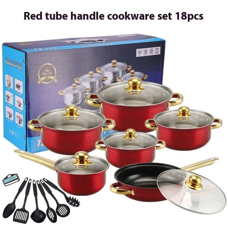 Culinariq Cookware 18pcs Gold Shank Wine Red Stainless-Steel Cookware Set with Gold Handles – Non-Stick Pot & Pan Set