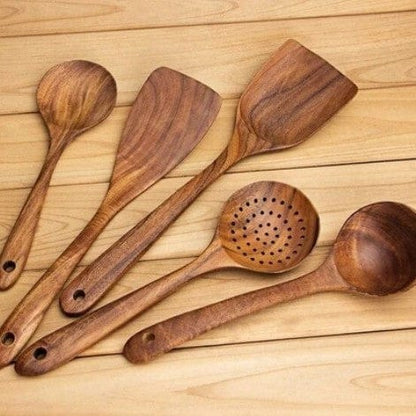 Culinariq Wooden utensils 5piece set Teak Wood Utensil Set – Spoon, Ladle, Turner & Rice Strainer