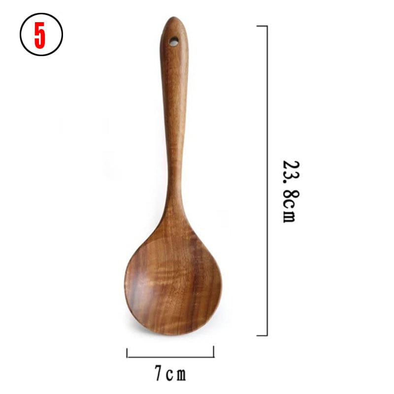 Culinariq Wooden utensils 5Style Teak Wood Utensil Set – Spoon, Ladle, Turner & Rice Strainer