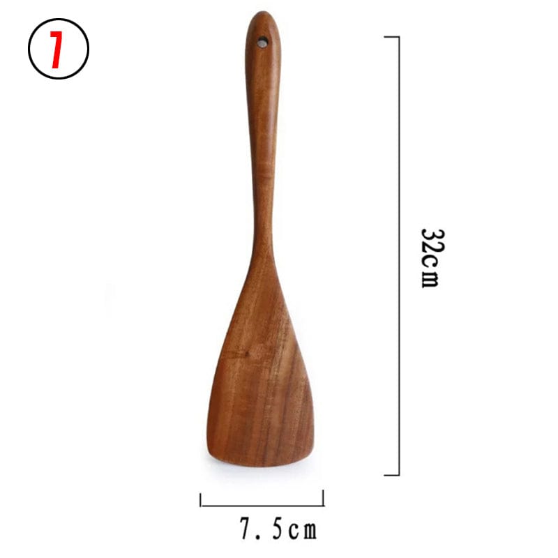 Culinariq Wooden utensils 7Style Teak Wood Utensil Set – Spoon, Ladle, Turner & Rice Strainer