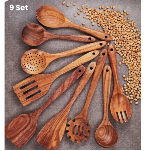 Culinariq Wooden utensils 9set Teak Wood Utensil Set – Spoon, Ladle, Turner & Rice Strainer