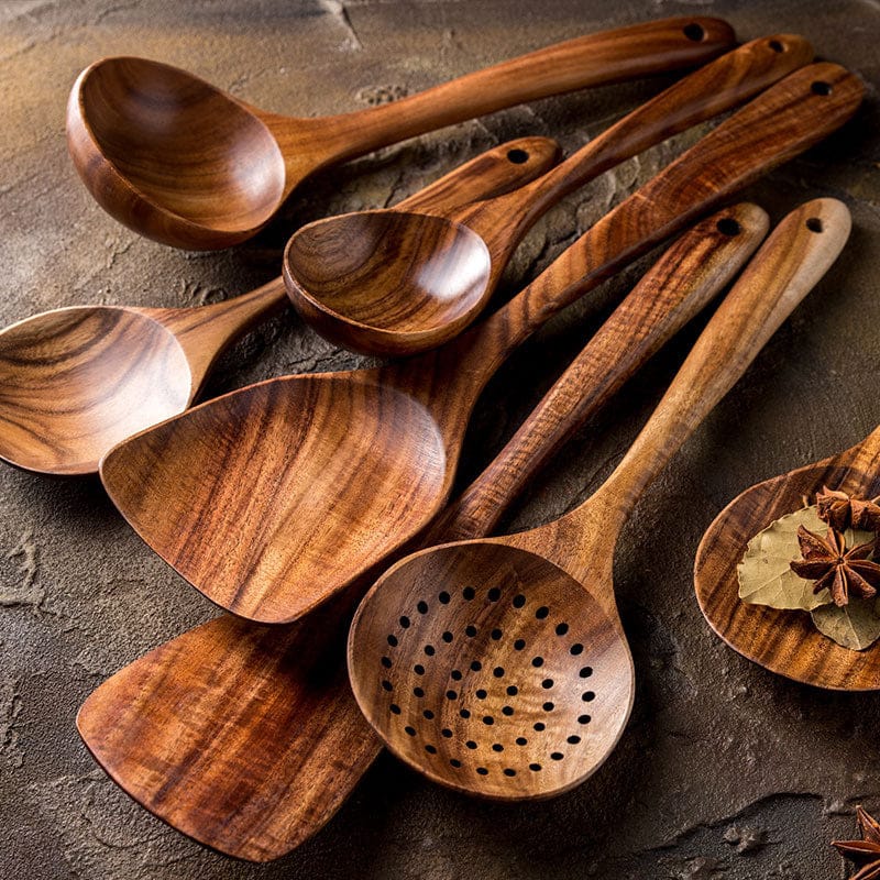 Culinariq Wooden utensils Teak Wood Utensil Set – Spoon, Ladle, Turner & Rice Strainer
