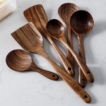 Culinariq Wooden utensils Teak Wood Utensil Set – Spoon, Ladle, Turner & Rice Strainer