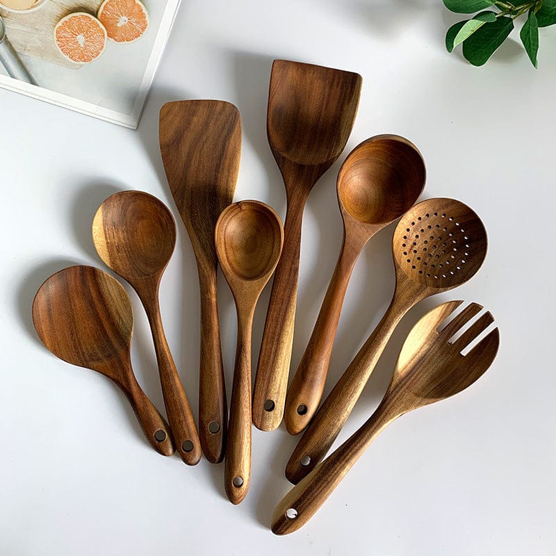 Culinariq Wooden utensils Teak Wood Utensil Set – Spoon, Ladle, Turner & Rice Strainer