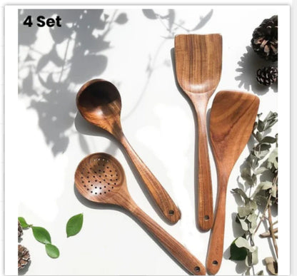 Culinariq Wooden utensils Teak Wood Utensil Set – Spoon, Ladle, Turner & Rice Strainer