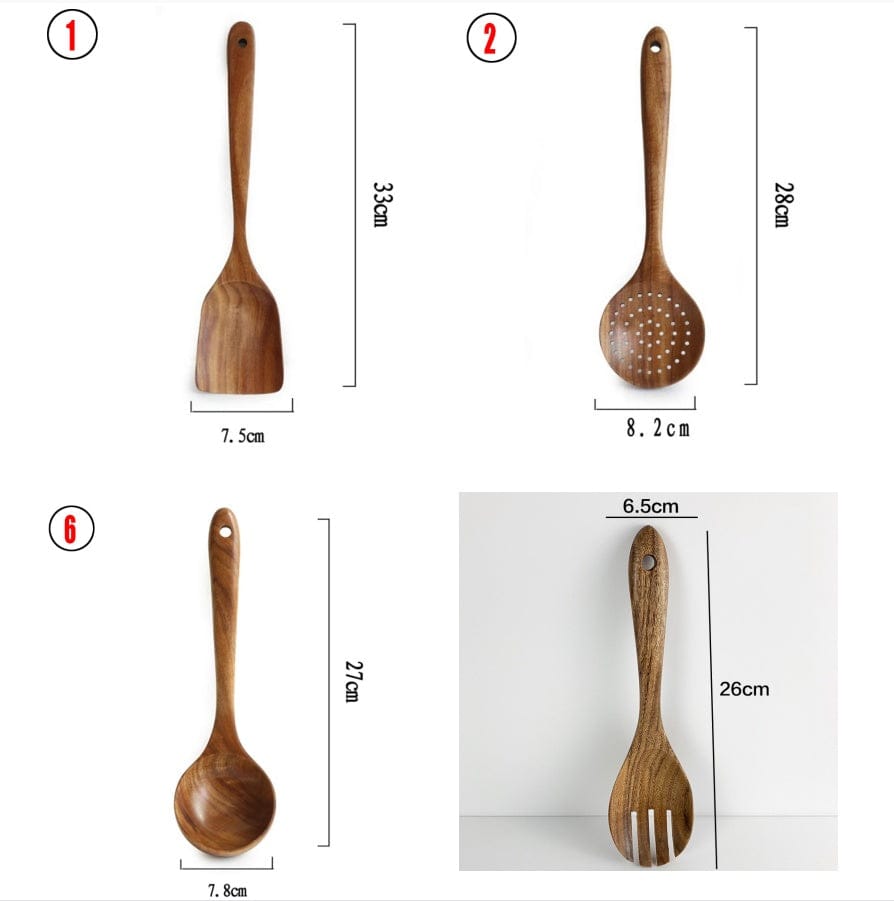 Culinariq Wooden utensils Teak Wood Utensil Set – Spoon, Ladle, Turner & Rice Strainer