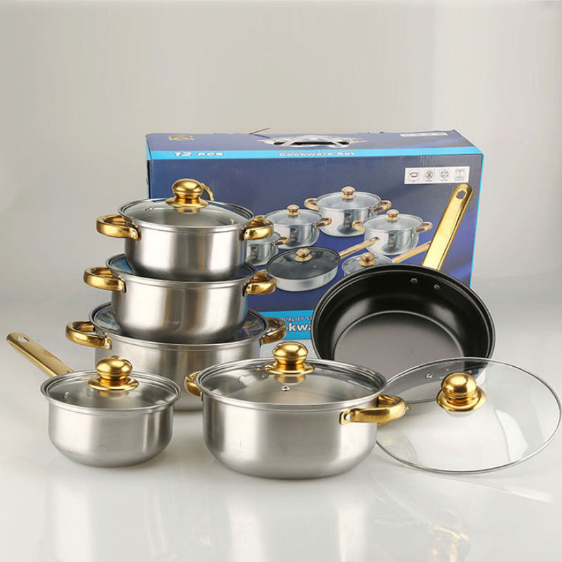 ✅ Stainless-Steel Cookware Set with Gold Handles – Non-Stick Pot & Pan Set