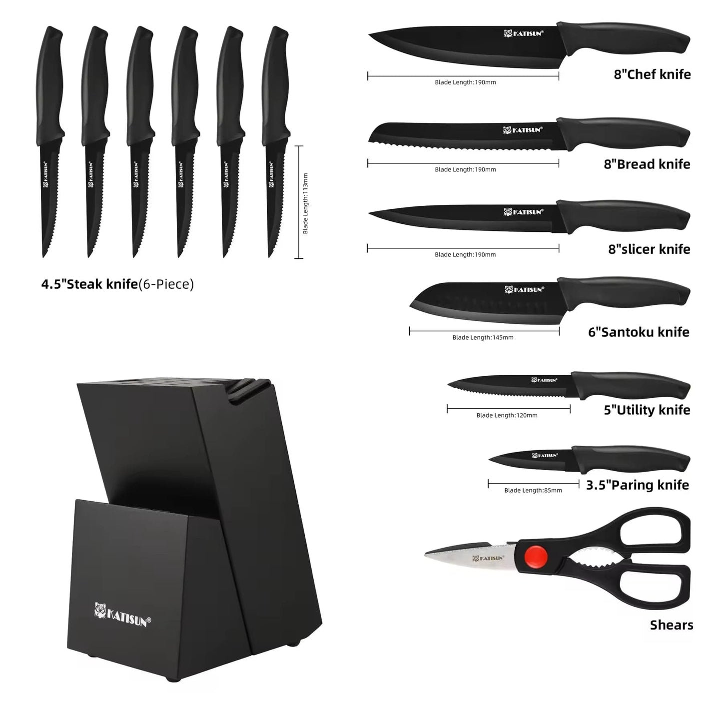 Culinariq 15-piece kitchen knife set, with built in sharpener; 6 steak knives, 1 chef knife, 1 bread knife, 1 slicer knife, 1 chopping knife, 1 utility knife, 1 paring knife, a shears, a knife block with built-in sharpener