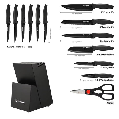 Culinariq 15-piece kitchen knife set, with built in sharpener; 6 steak knives, 1 chef knife, 1 bread knife, 1 slicer knife, 1 chopping knife, 1 utility knife, 1 paring knife, a shears, a knife block with built-in sharpener